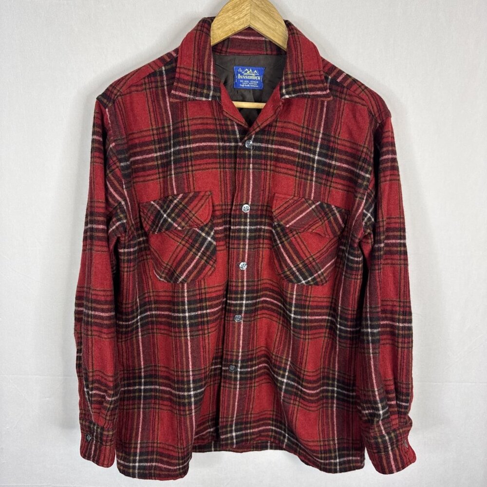 Vintage Innsbruck Wool Plaid Flannel Shirt Jacket Red USA Mens M